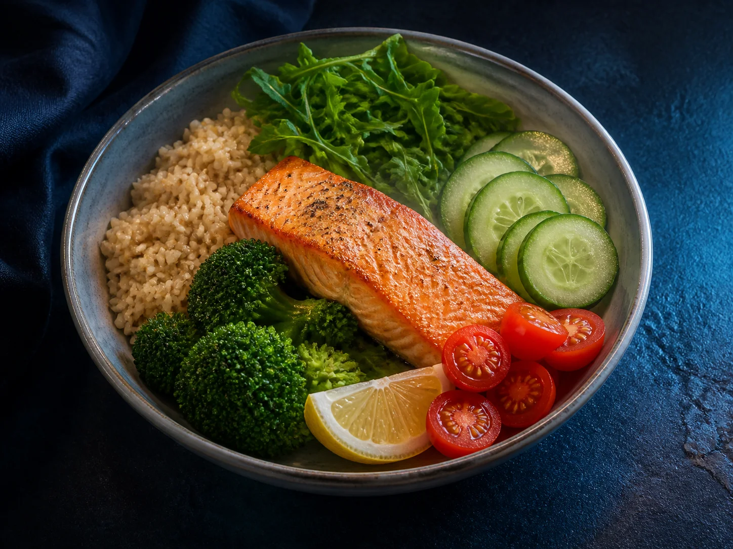 A balanced plate with salmon, vegetables, and rice